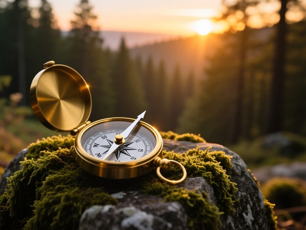 A compass on moss-covered stone during sunset, golden light highlighting its needle pointing toward distant forests, shallow depth of field, warm tones symbolizing guidance and discovery.