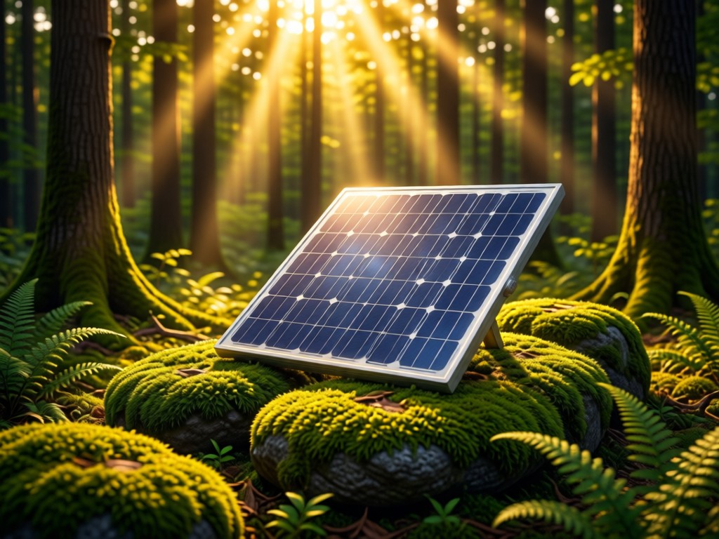 A single solar panel resting on moss-covered stones in a forest clearing during golden hour. Sunbeams filter through trees, highlighting sustainability focus. Symbolizes harmony between technology and nature.