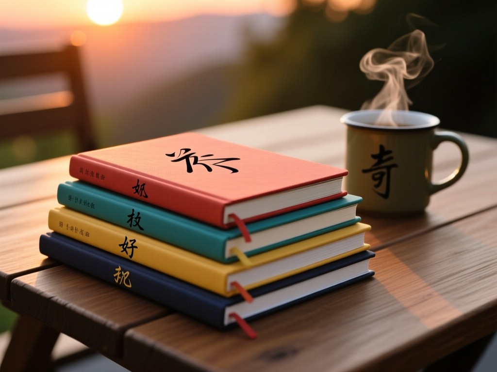 Stacked notebooks with different colored covers on a wooden table during sunset, each showing unique script symbols, soft shadows, steaming mug nearby, shallow focus on top notebook.