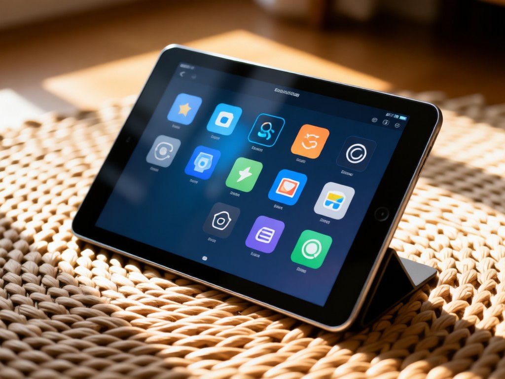 Close-up of hands-free tablet showing intuitive icons on a clean interface, resting on a woven rug. Warm natural lighting. No people visible.