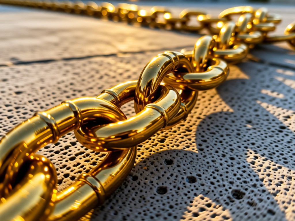 Close-up of linked chain segments on a concrete background. Golden light creates metallic reflections. No people.