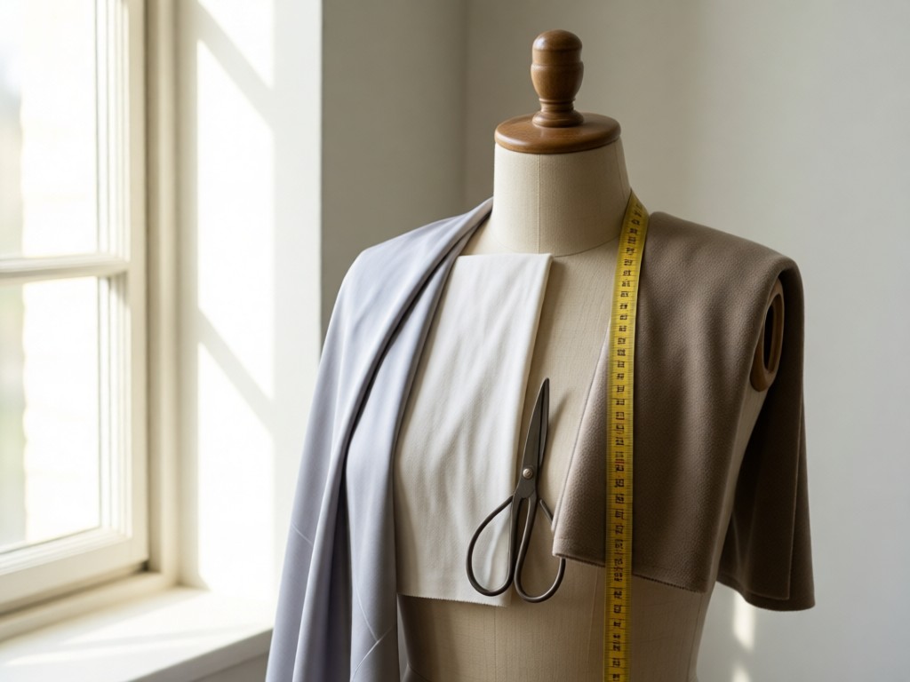 Close-up of three fabric swatches (silk, cotton, fleece) draped over a vintage sewing mannequin. Soft window light emphasizes different textures. Scissors and measuring tape artfully arranged. Minimalist styling. No people.