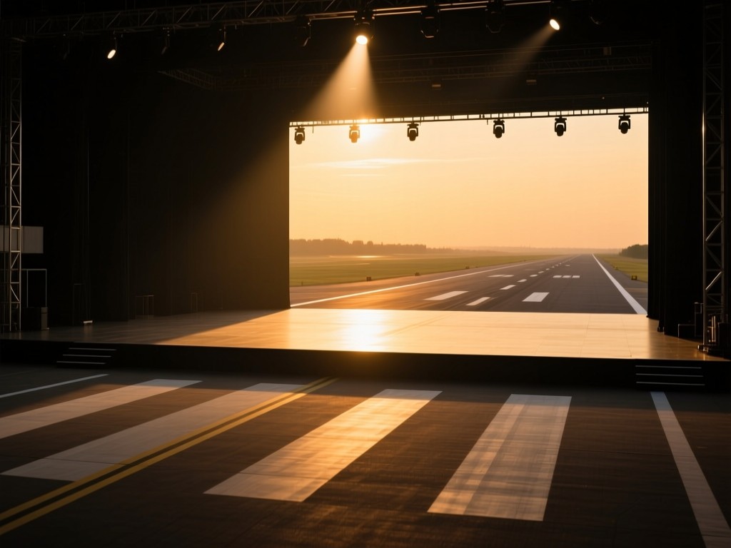 A single spotlight illuminating an empty runway during golden hour, warm glow expanding into darkness, symbolizing career opportunities, soft shadows, minimalist stage setup, no people.