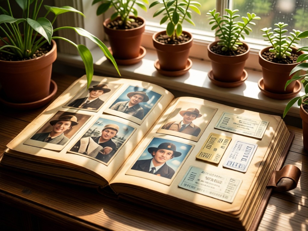 An open vintage scrapbook showing neatly arranged cap photos beside ticket stubs. Sunlight filters through nearby window plants. No people.