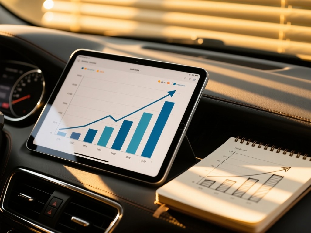 Close-up of a sleek dashboard on a tablet showing growth charts. Golden hour light through blinds creates striped shadows. A notebook with growth sketches lies beside it. No people.