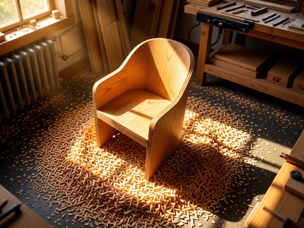 Aerial view of a single plywood chair prototype surrounded by wood shavings in a sunlit workshop. Golden light creates dramatic shadows. Symbolizes focus on essential craftsmanship. No people.