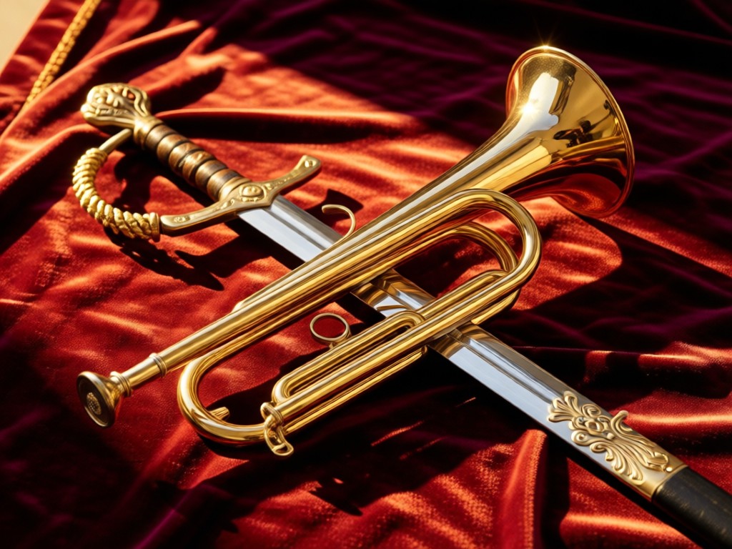 A polished cavalry trumpet crossed with a ceremonial sword on a velvet cloth. Golden hour light creates dramatic shadows. Rich textures. No people.