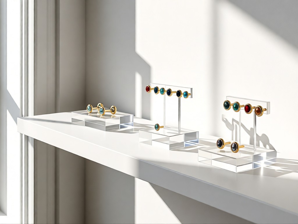 Minimalist white shelf displaying curated piercing jewelry on clear acrylic stands. Soft window light creates clean shadows. No people.
