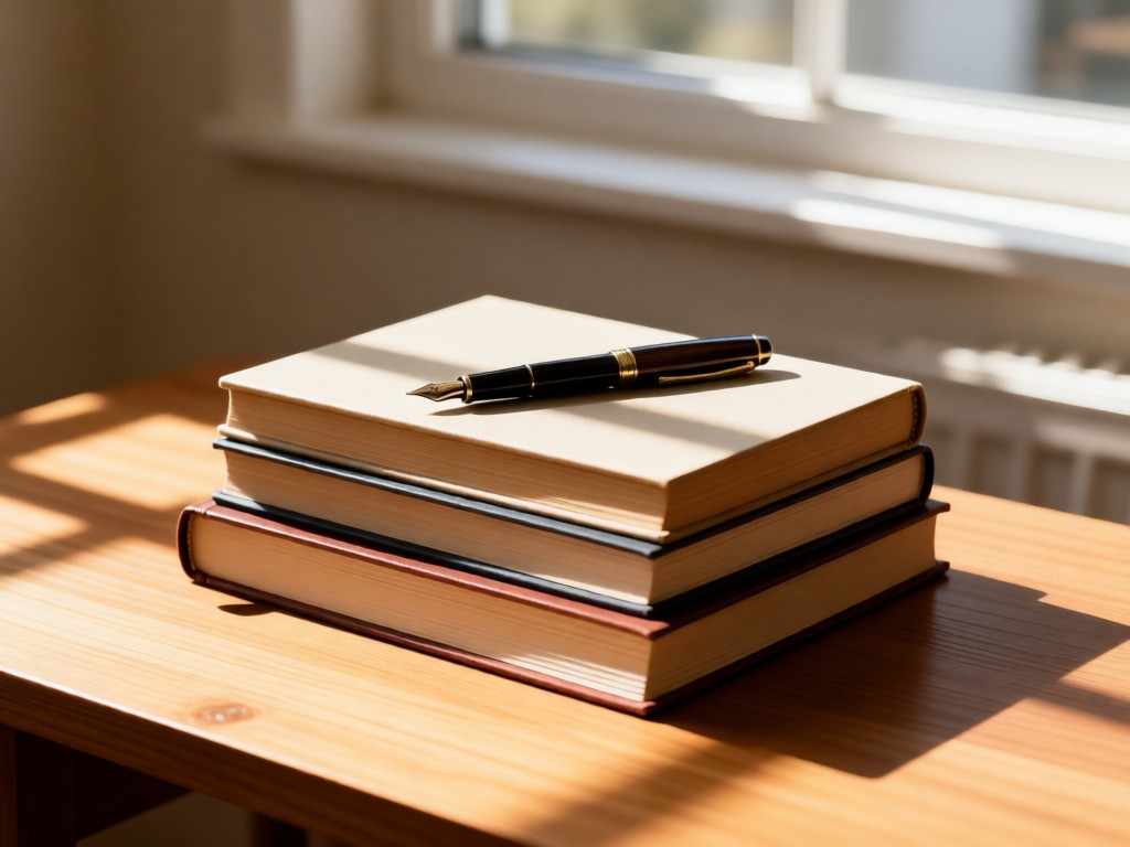 A stack of hardcover books with a fountain pen resting on top. Soft window light creates warm shadows on a wooden desk. Minimalist composition. No people.