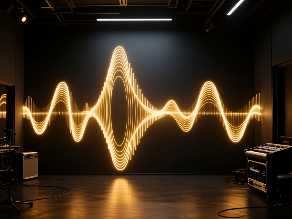 Sound waves visualized as golden light patterns in a dark studio space, warm highlights against deep shadows, abstract representation of vocal amplification, no text or equipment visible.