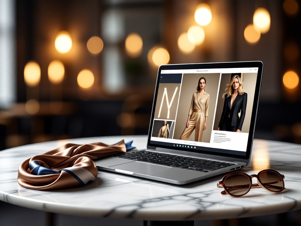 An open laptop on a marble surface showing a sleek fashion portfolio layout. Beside it, a neatly folded silk scarf and vintage sunglasses. Soft focus background with warm bokeh lights. No people.