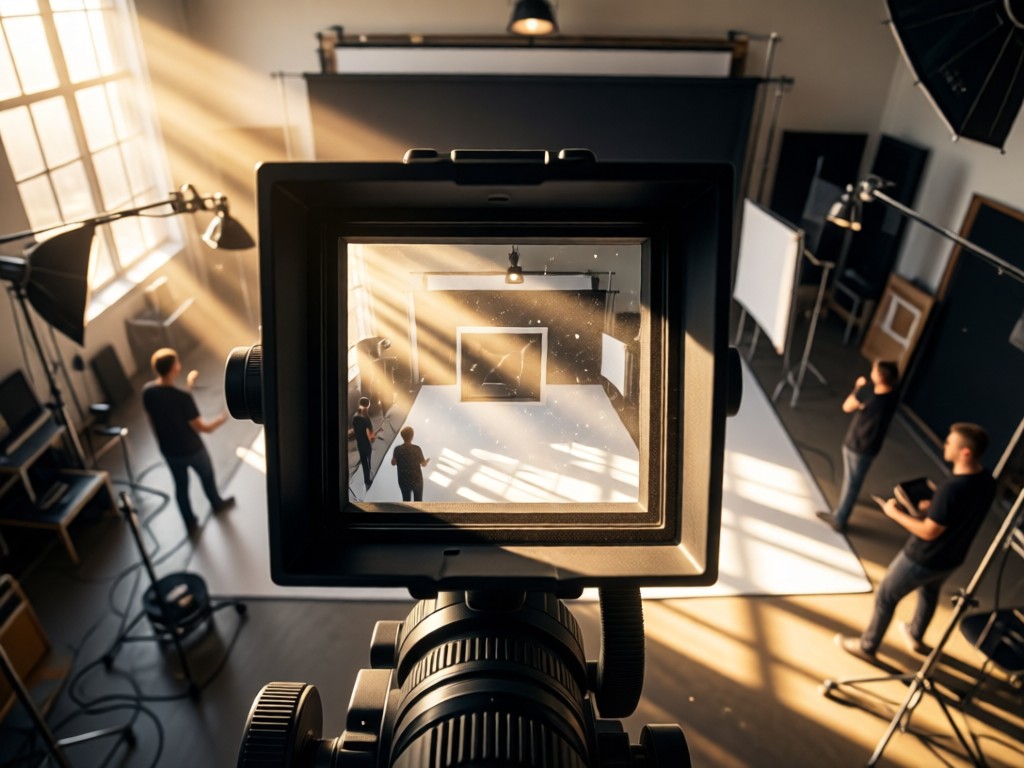 Aerial view of a director's viewfinder centered on a storyboard in a sunlit studio. Focus on the viewfinder's frame with light rays highlighting dust particles. Symbolizes precision and vision.