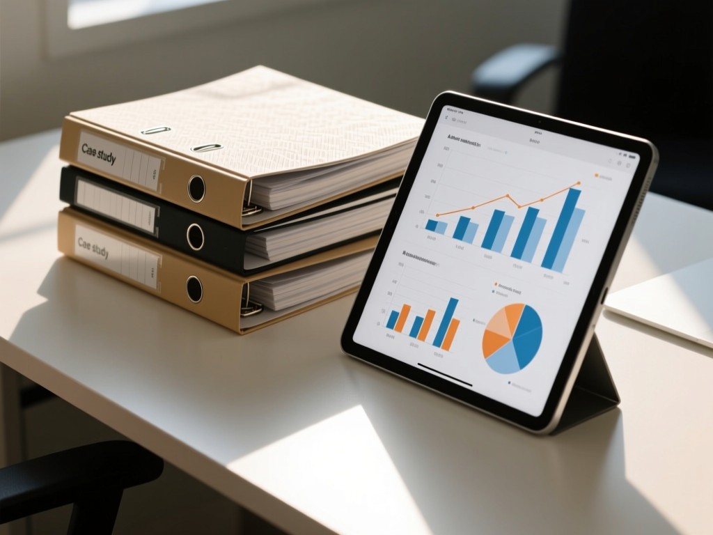 A clean desk with stacked case study binders beside a tablet showing bar charts. Morning light creates crisp shadows on textured paper surfaces. Focus on organization and results. No people.