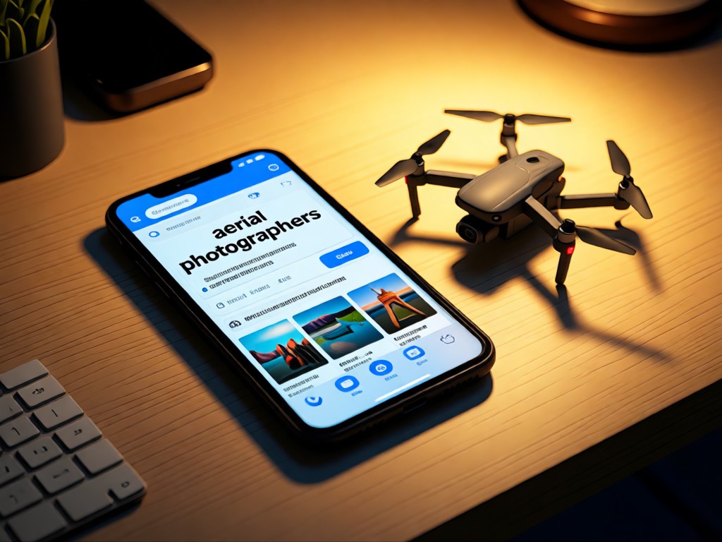 A smartphone showing Google search results for 'aerial photographers' beside a miniature drone. Warm light creates depth on a minimalist desk. No people.