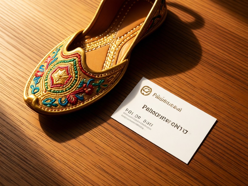 Aerial view of a handcrafted Pakistani 'jooti' beside a business card on teak wood. Golden light highlights intricate embroidery. Soft shadows connect tradition and professionalism. No people.