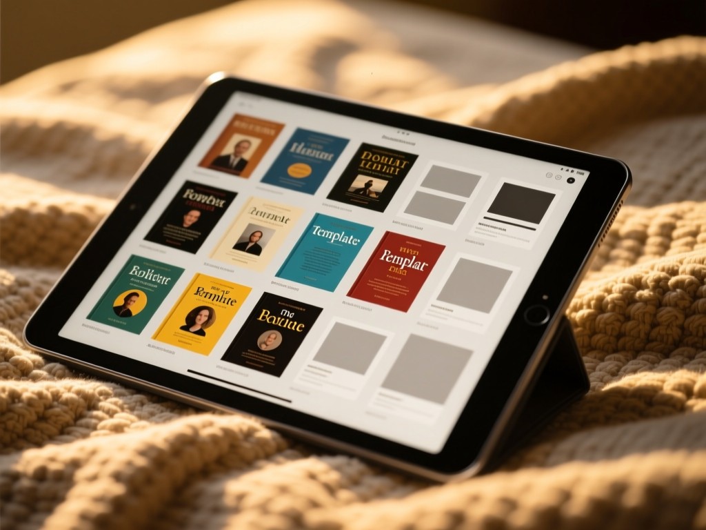 An open tablet showing a grid of ebook covers and template thumbnails. Resting on a textured fabric with shallow depth of field. Golden hour lighting. No people.