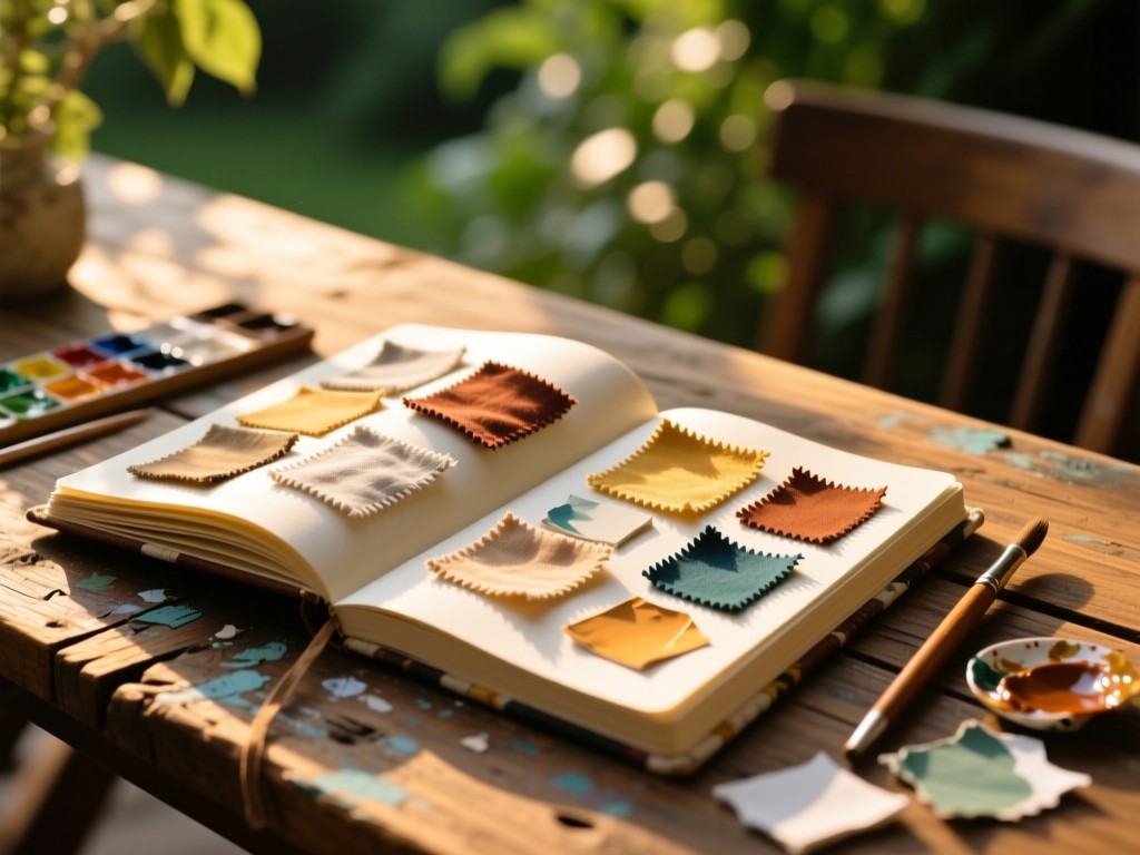 An open sketchbook with fabric swatches and paint chips arranged artistically on a reclaimed wood table, golden hour light casting warm shadows, depth of field blurring background greenery.