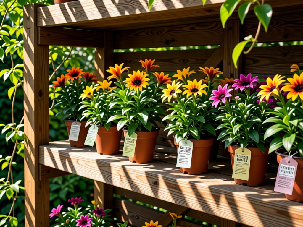 A rustic wooden shelf holding potted Proven Winners plants with care tags. Sunlight filters through leaves creating dappled shadows. No people.