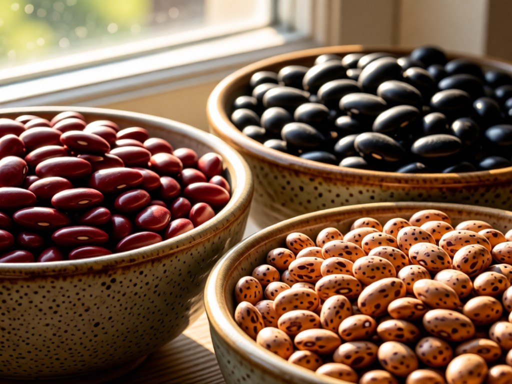 Close-up of heirloom beans in ceramic bowls: red kidney, black turtle, and speckled pinto. Sunlight streams through a window, creating warm highlights on textured surfaces. No people.