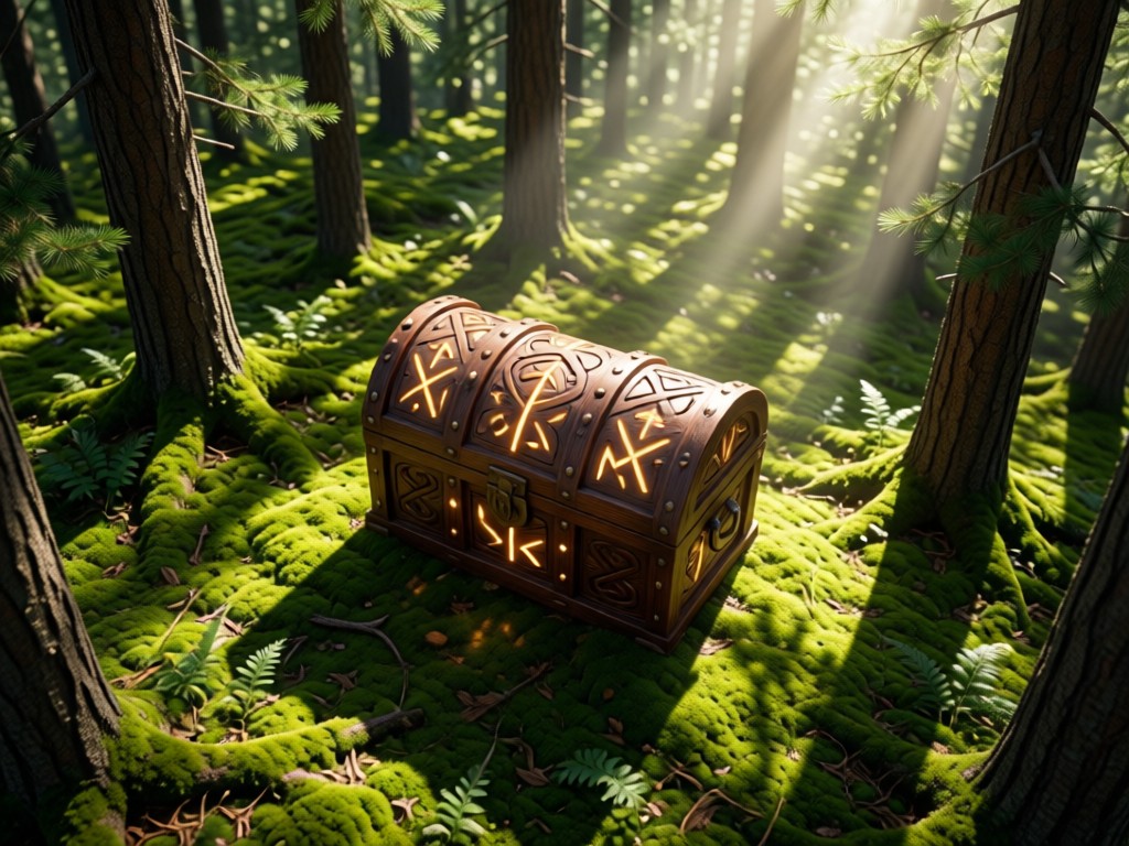 An aerial view of a single Viking-style carved wooden chest in a mossy forest clearing. Sunbeams pierce pine trees, illuminating ancient rune designs. Symbolizes heritage and focused presentation. No people.