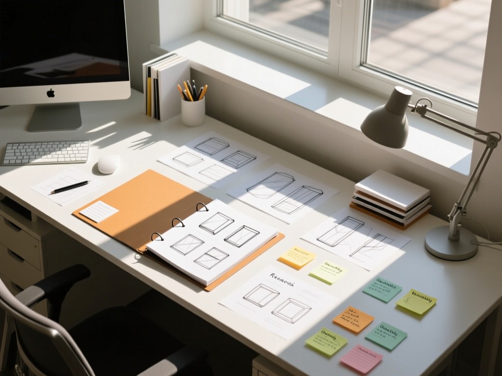 Aerial view of a clean desk with organized design artifacts: research binder, prototype sketches, and usability notes. Sunlight streams through nearby windows creating structured shadows. No people.