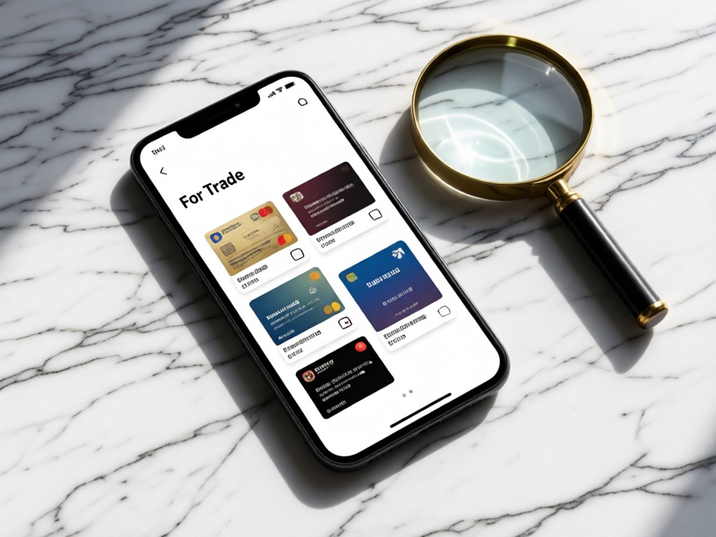 Minimalist phone screen showing a clean 'For Trade' section with card thumbnails. Device rests on a marble surface beside a magnifying glass.