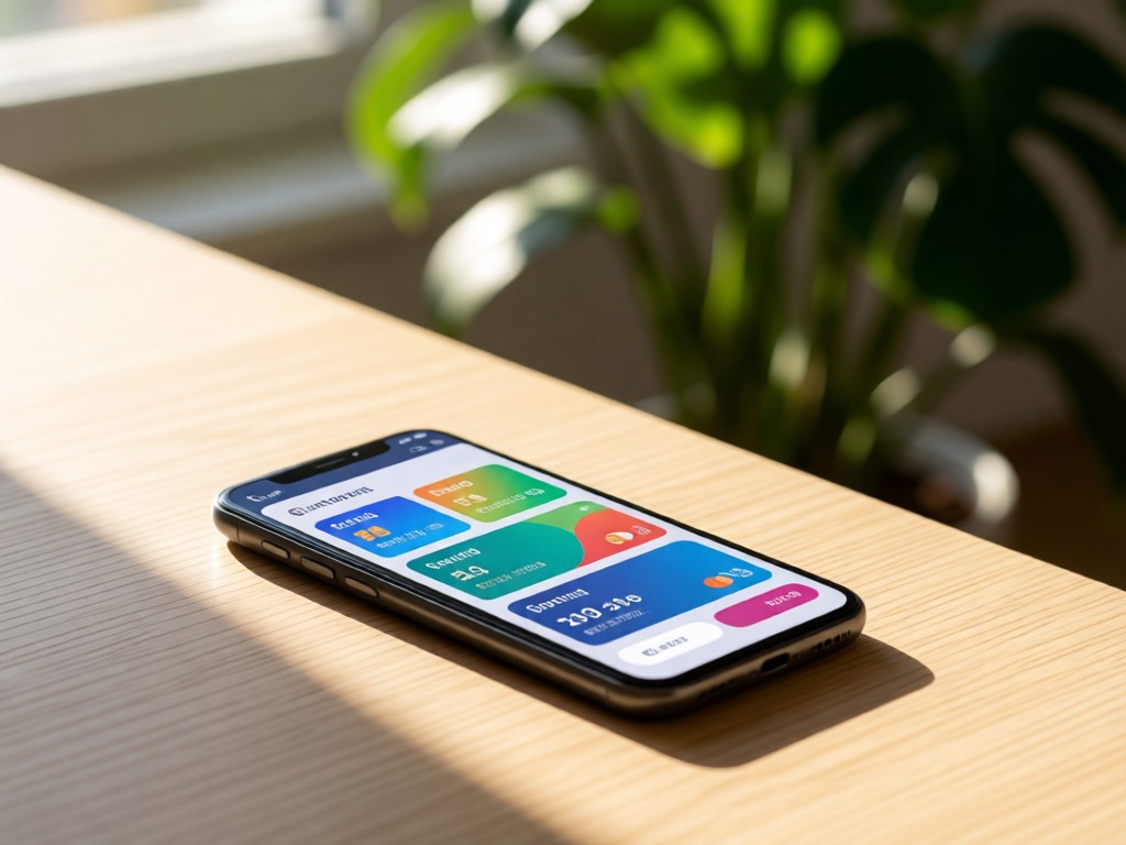 Minimalist desk with a phone showing colorful payment plan cards. Morning light highlights the screen against a blurred plant background. No people.