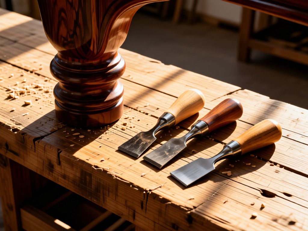 Three artisan woodworking tools arranged beside a pool table leg on a rustic workbench. Morning light creates long shadows highlighting textures. Focus on craftsmanship details. No people.