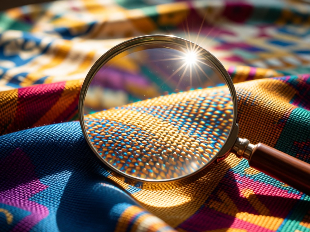 A magnifying glass over a vibrant silk scarf with visible weave details. Sunlight creates lens flare on the glass. Background features soft-focus textile patterns. No people.