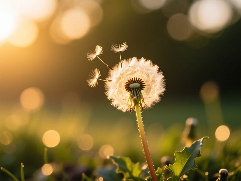 A single dandelion releasing seeds into golden-hour light, symbolizing community growth, shallow depth of field, warm bokeh background.