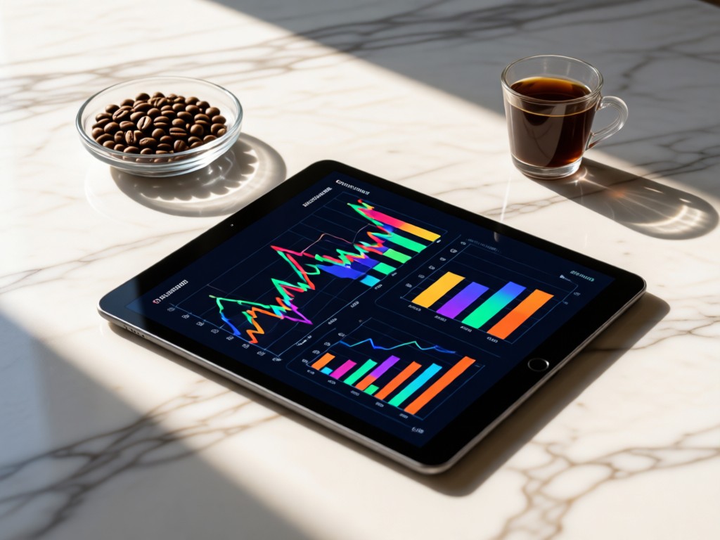 A sleek tablet displaying colorful nicotine research graphs beside coffee beans in a glass dish. Morning light creates soft shadows on a marble surface. Minimalist composition. No people.
