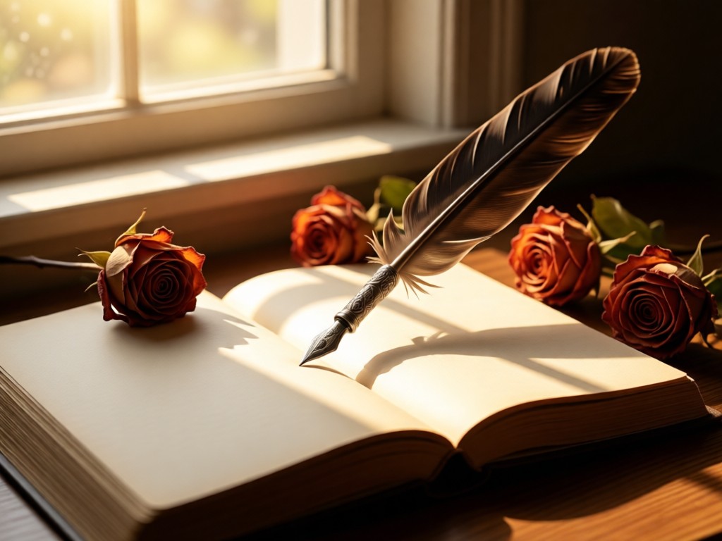 A single quill pen resting on open journal beside dried roses. Soft window light illuminates blank pages. Warm, intimate mood. No people.