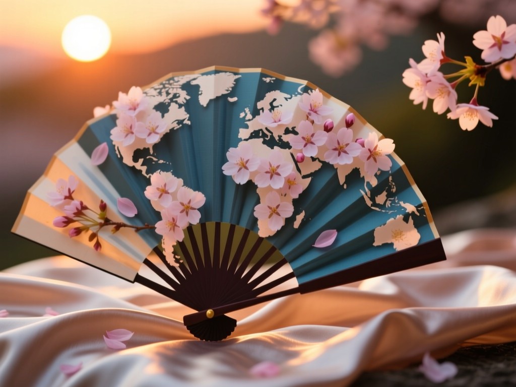 A traditional Japanese folding fan open on a silk cloth, with cherry blossom petals arranged to form a globe shape, warm sunset lighting, shallow depth of field, cultural symbolism.