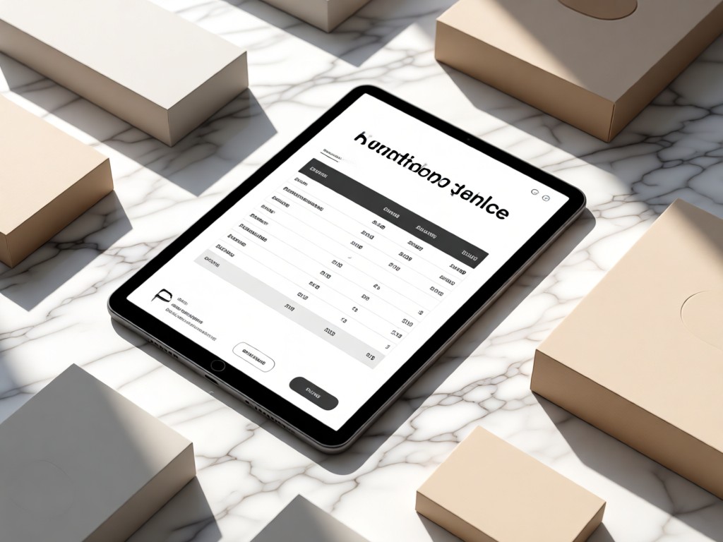 An angled view of a tablet showing a clean pricing table interface, surrounded by minimalist product mockups on a sunlit marble surface. Soft shadows create dimension. No people.