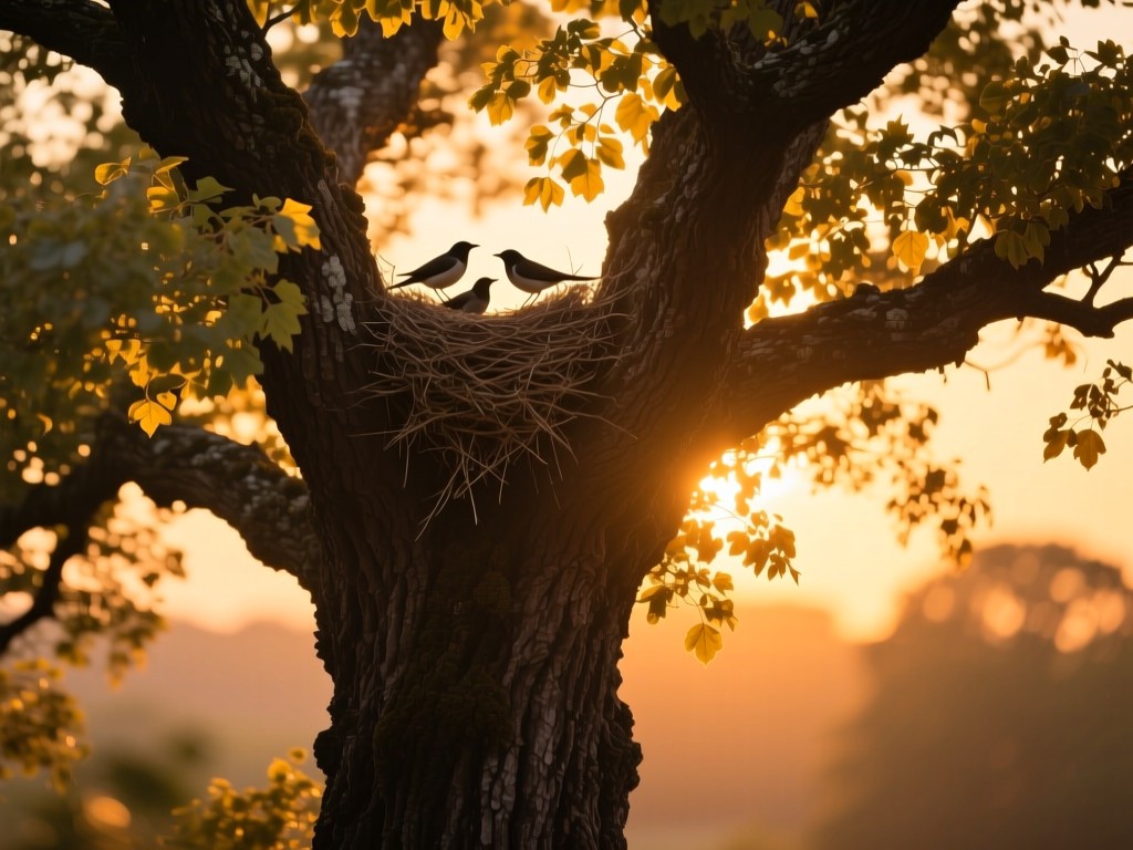 Majestic oak tree at sunset with protective branches sheltering birds' nests, golden light filtering through leaves, symbolizing sanctuary and growth, soft bokeh background, no human elements.
