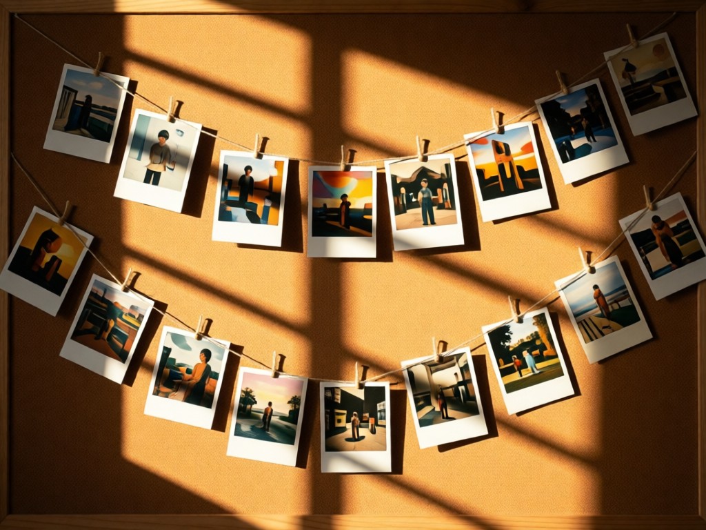 Artfully arranged polaroids connected by thin strings on a corkboard. Warm sunlight creates geometric shadows. No people.