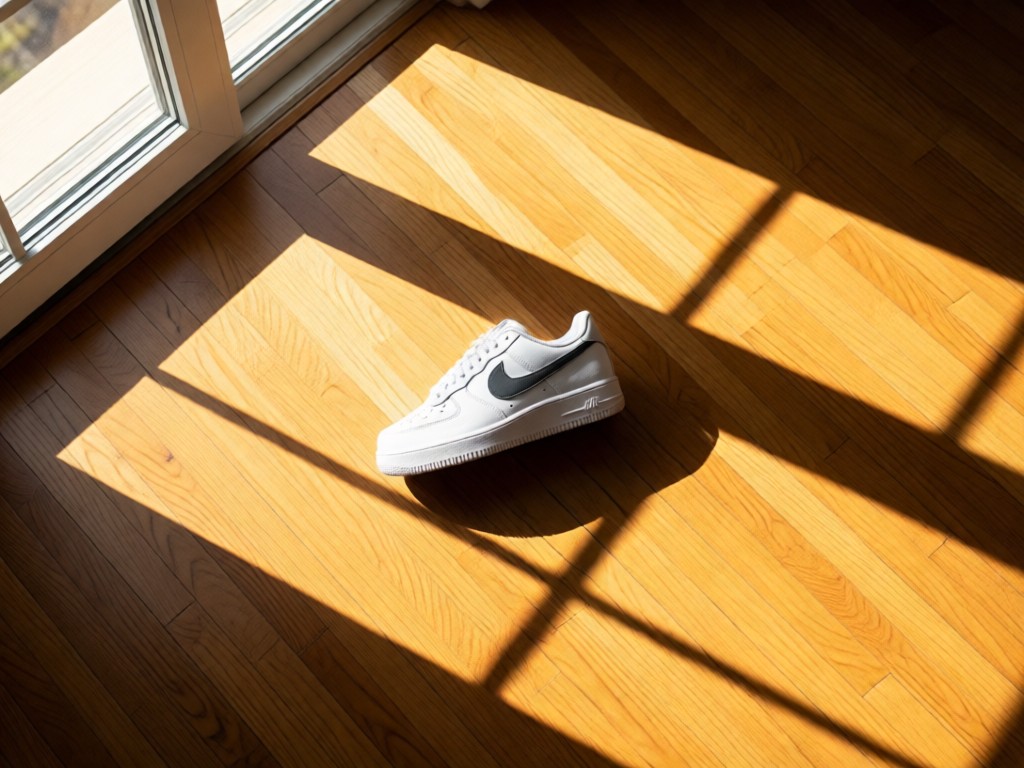An aerial view of a single Nike Air Force 1 centered on a wooden floor. Sunlight streams through nearby windows creating warm patterns. No people.