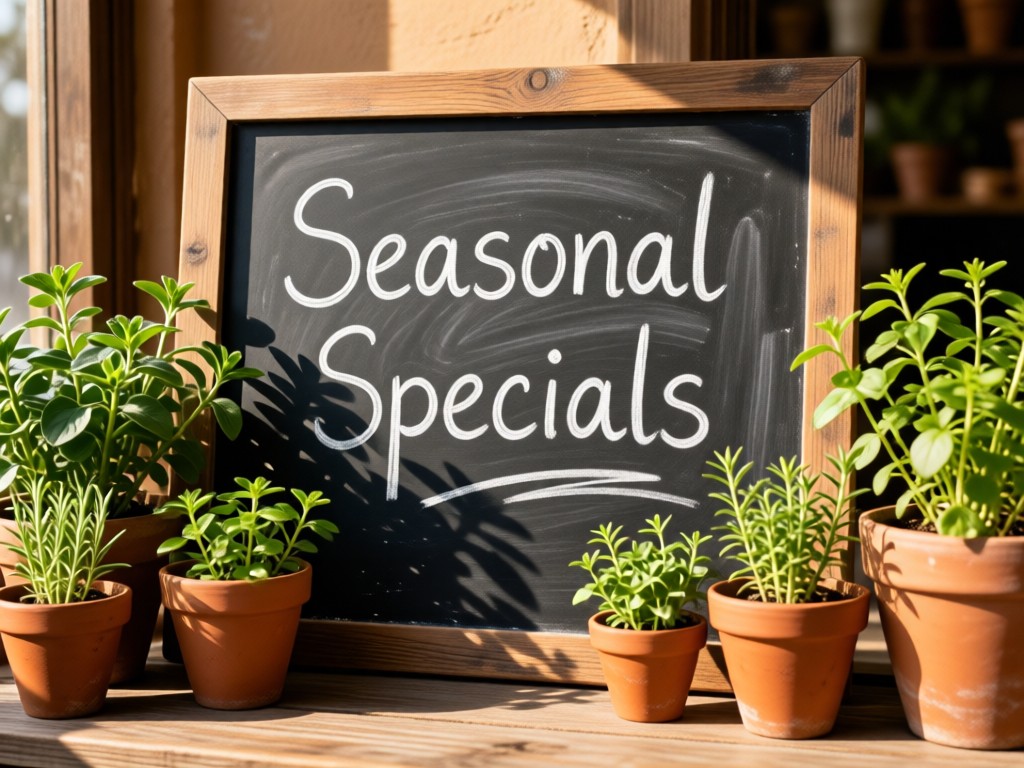 A rustic chalkboard with handwritten 'Seasonal Specials' surrounded by fresh herbs in terracotta pots. Warm afternoon light creates soft shadows. Earthy tones. No people.