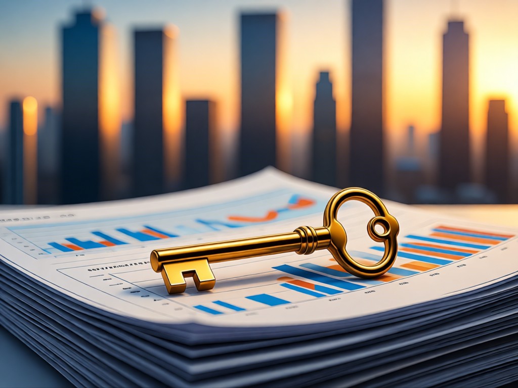 A single golden key resting on stacked financial documents with blurred charts. Soft focus background of city skyscrapers at sunset. Symbolizes unlocking financial solutions. No people.