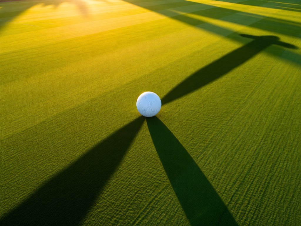 Aerial view of a perfect polo ball resting at center field during golden hour. Crisp white against manicured green grass. Long shadows stretch across the field. Symbolizes focus and precision. No people.