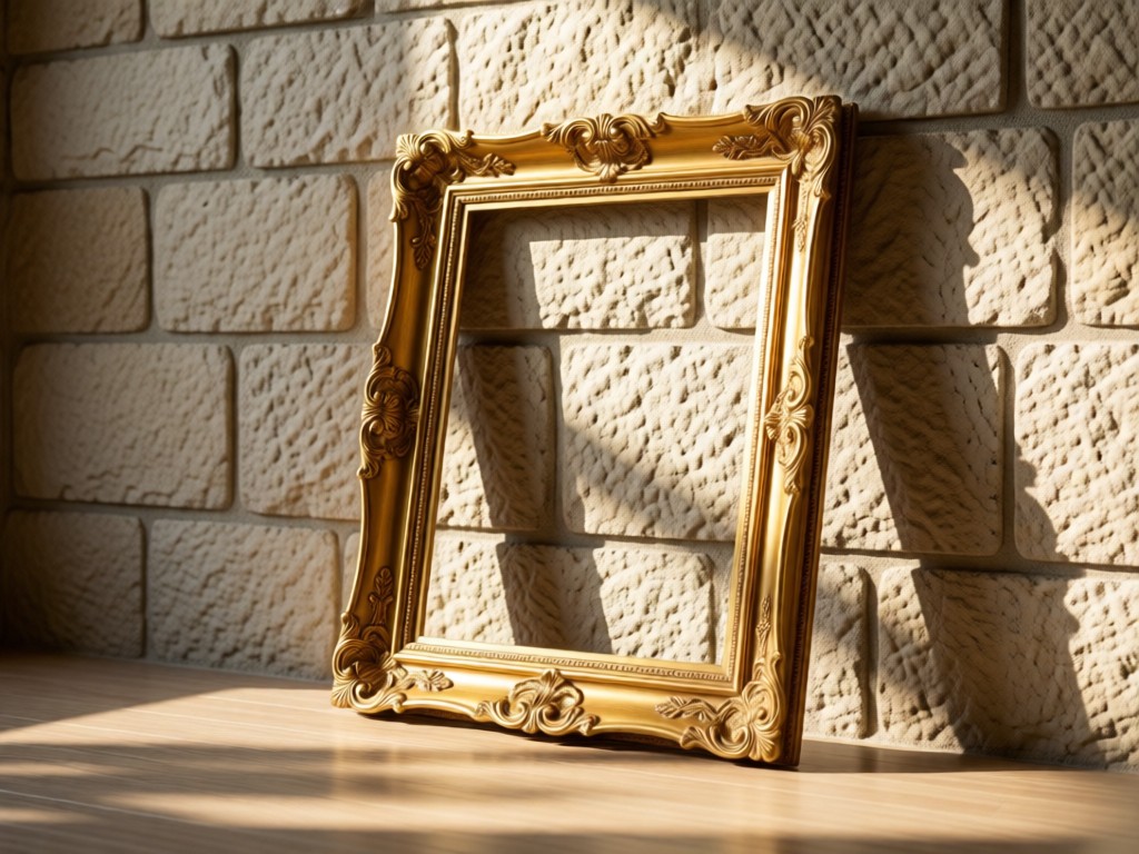 An empty ornate gold picture frame leaning against a textured stone wall. Soft morning light highlights the frame's details and casts gentle shadows. Minimalist composition. No people.