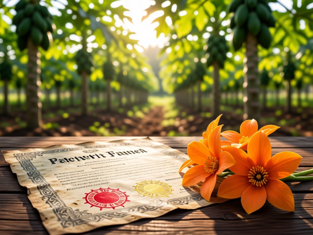 A weathered farm certificate next to fresh papaya flowers. Sunlight filters through plantation trees. Shallow depth of field focuses on document seals. No people.