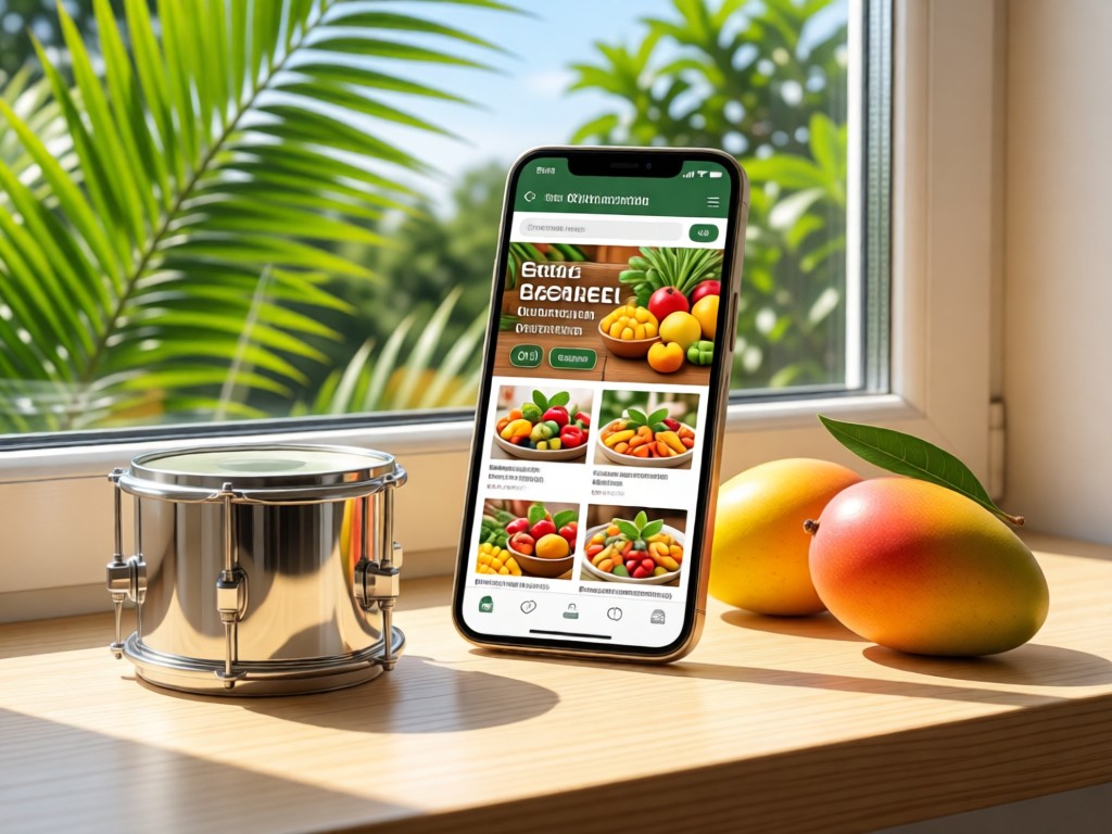 A smartphone displaying a crisp grocery website beside a miniature steel drum and fresh mangoes on a sunlit windowsill. Clean composition with tropical vibe. No people.