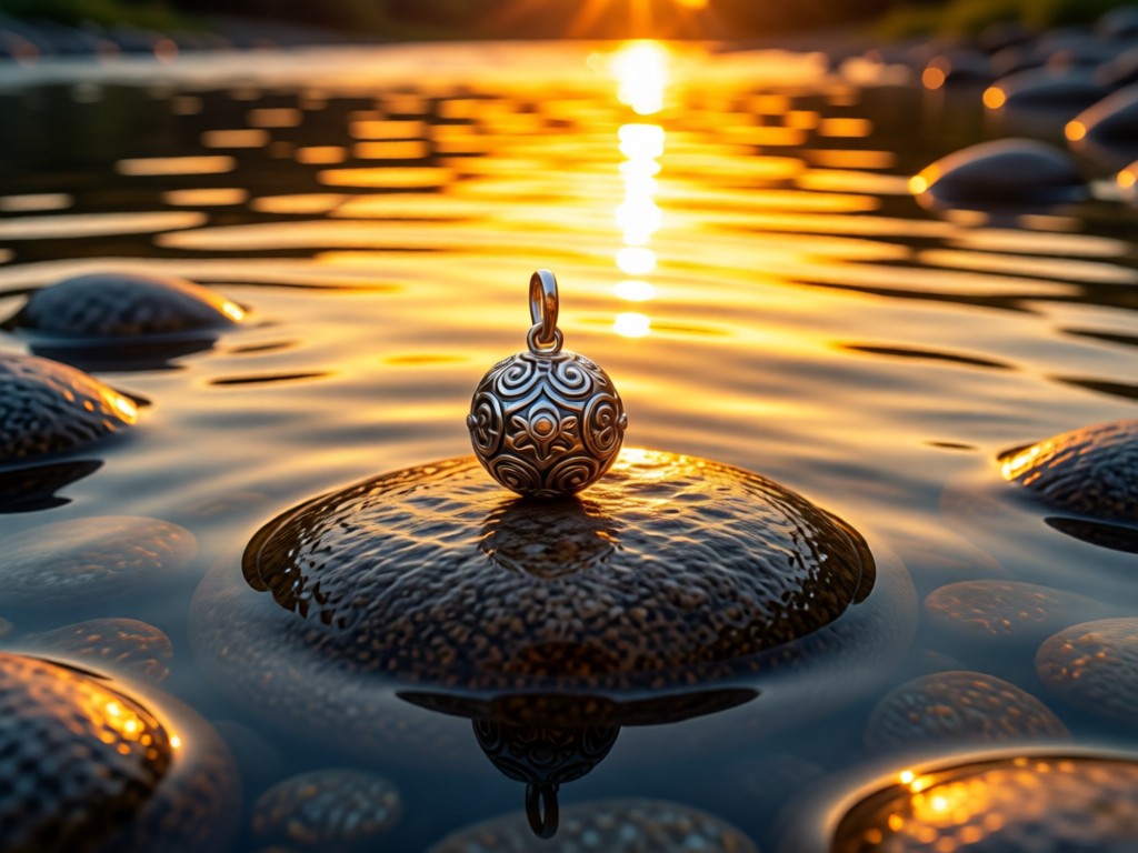 Aerial view of single Pandora charm resting on river stones. Golden sunset reflection in water. Symbolizes focus and natural beauty. No people.
