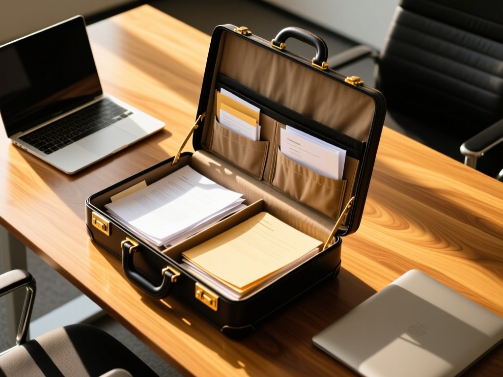 Aerial view of a sleek briefcase open on a desk revealing neatly organized documents and a laptop. Golden sunlight streams across polished wood grain. Symbolizes readiness and professionalism. No people.
