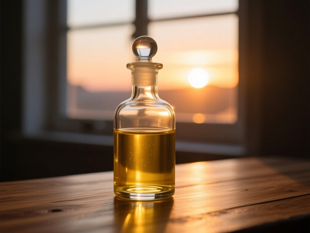 A single clear glass apothecary bottle filled with golden oil, backlit by sunset through a window, soft reflections on a wooden surface, symbolizing purity and premium quality, minimalist composition.