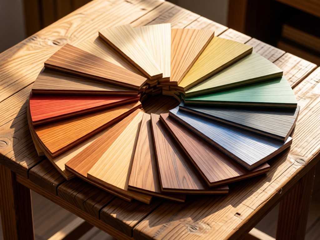 Plywood samples arranged like a color wheel on a rustic table. Natural light highlights different wood tones and laminations. No people.