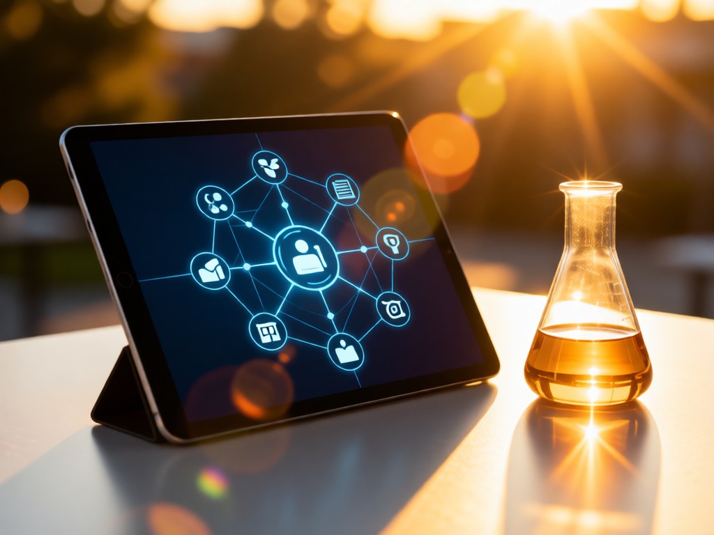 Modern tablet showing connected network icons beside a lab beaker. Golden hour backlight creates lens flares on a clean surface. No text elements.