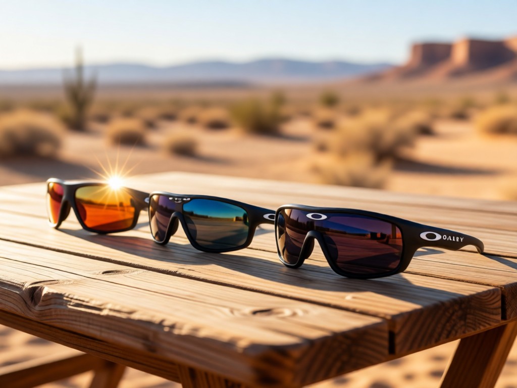 Three iconic Oakley sunglasses models arranged diagonally on a rustic wooden table. Morning light catches lens flares. Soft focus background shows desert landscape. Clean composition. No people.
