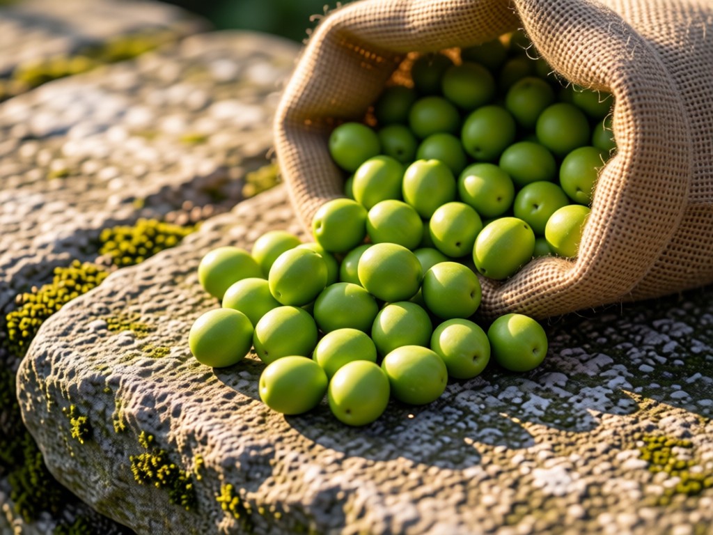 Overhead shot of green olives spilling from a burlap sack onto weathered stone. Morning light highlights textures and natural imperfections. Shallow depth of field focuses on foreground olives.